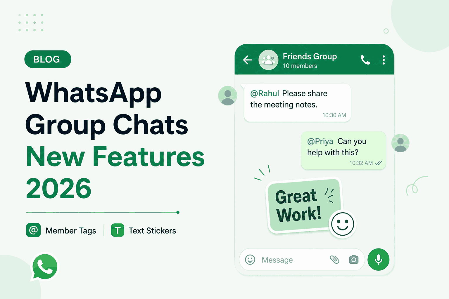 WhatsApp group chats new 2026 features illustration showing member tags, text stickers, and event reminders