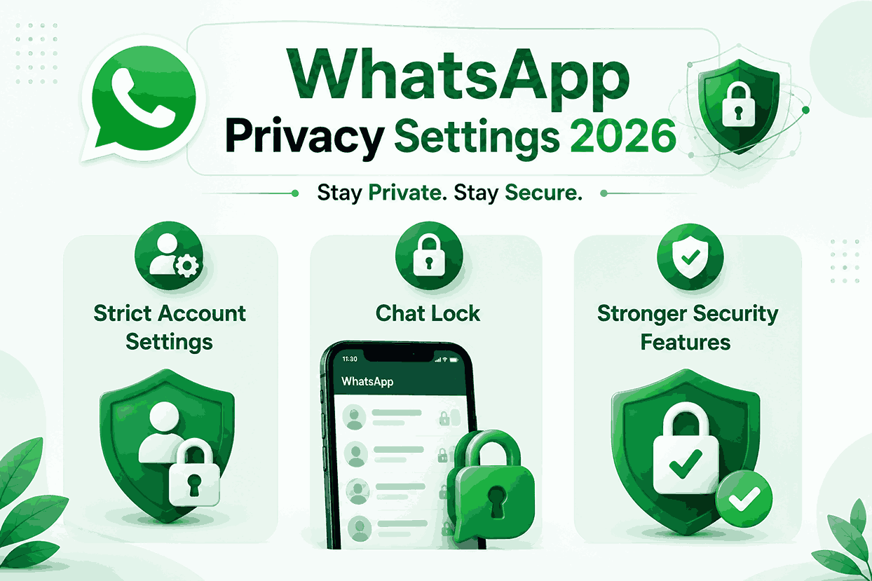 WhatsApp privacy settings 2026 illustration showing Strict Account Settings, Chat Lock, and security features